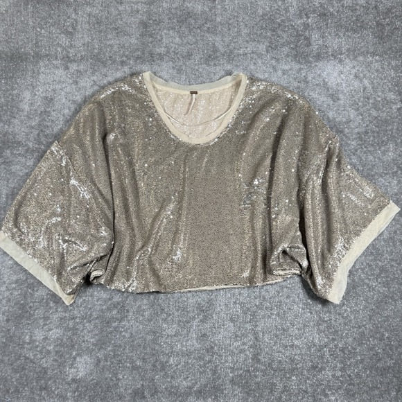 Free People Tops - Free People Oversized Crop Top Women's Small Beige Sequin Embellished Drapey